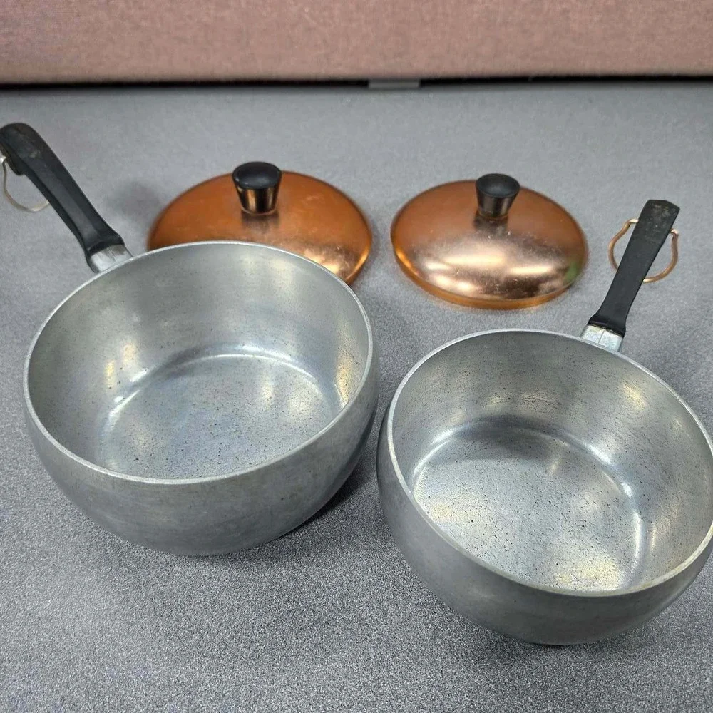 Wear-Ever Hallite Saucepan Set 2pc Silver Copper MCM Aluminum Good Vtg USA